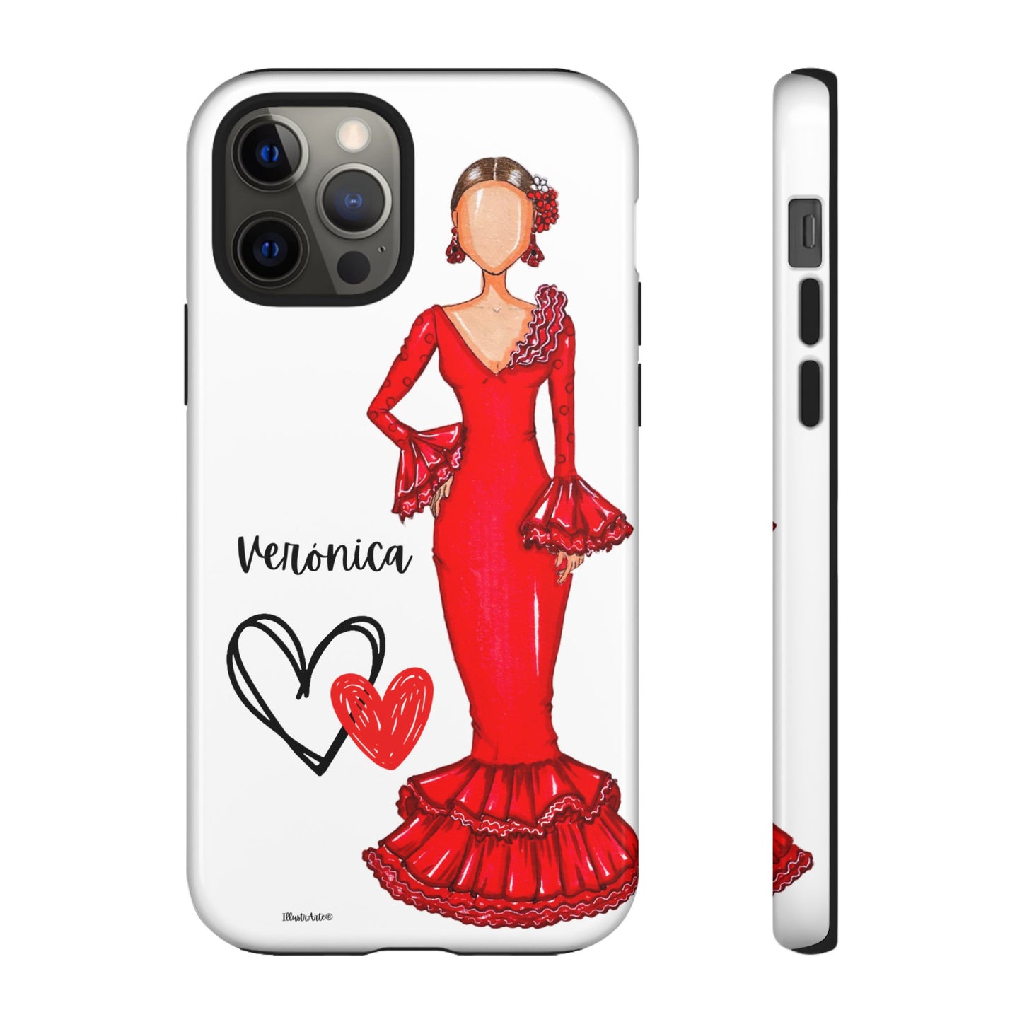 una funda de teléfono con un dibujo de una mujer en un vestido rojo