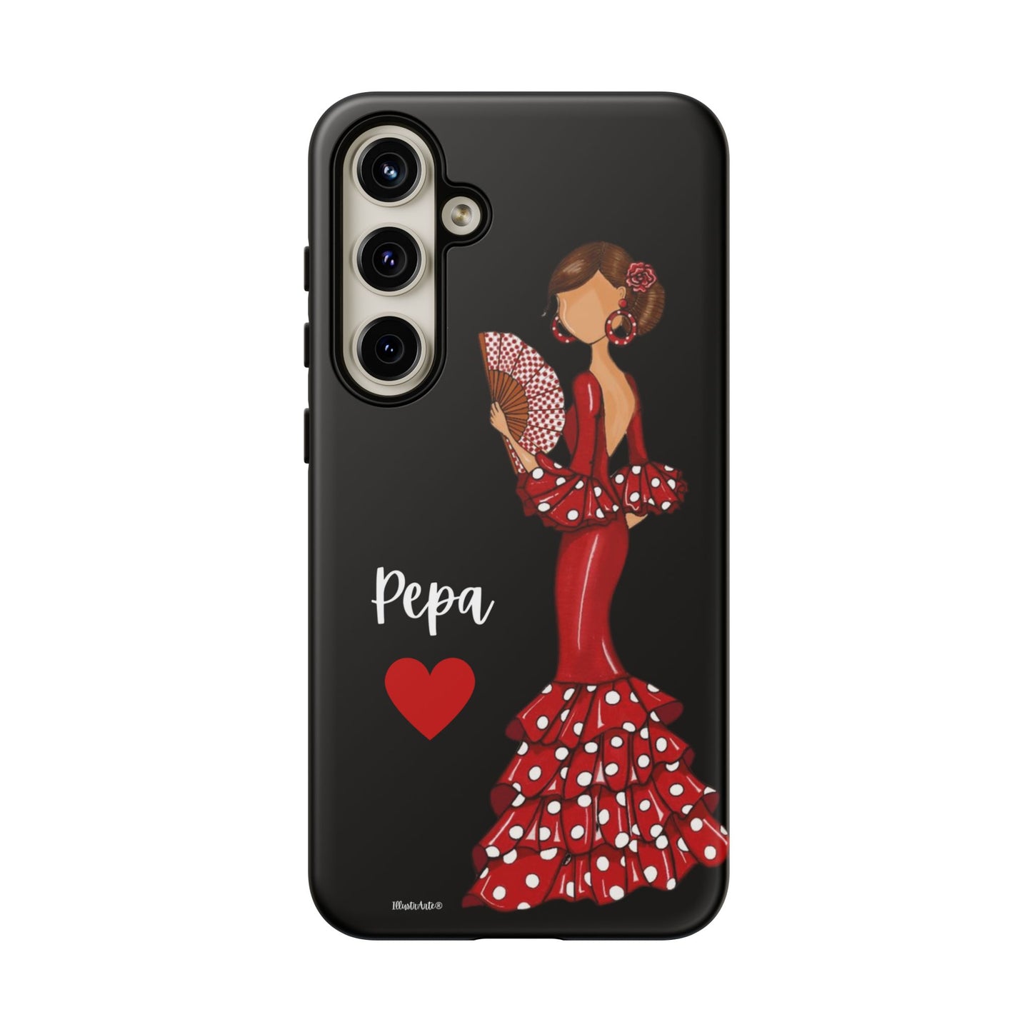 una funda de teléfono con una mujer en un vestido rojo