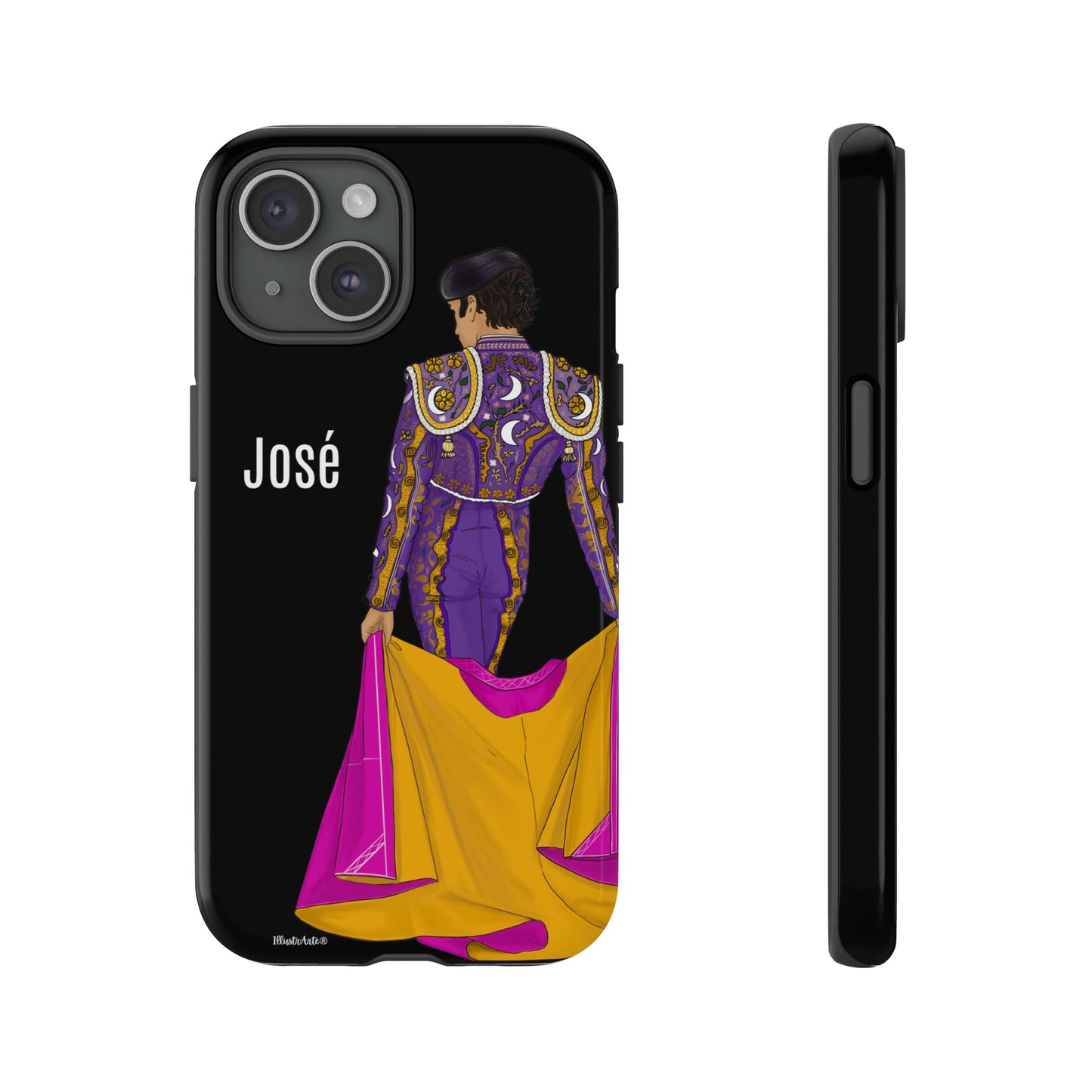 una funda de teléfono con una imagen de un hombre en un traje morado y amarillo