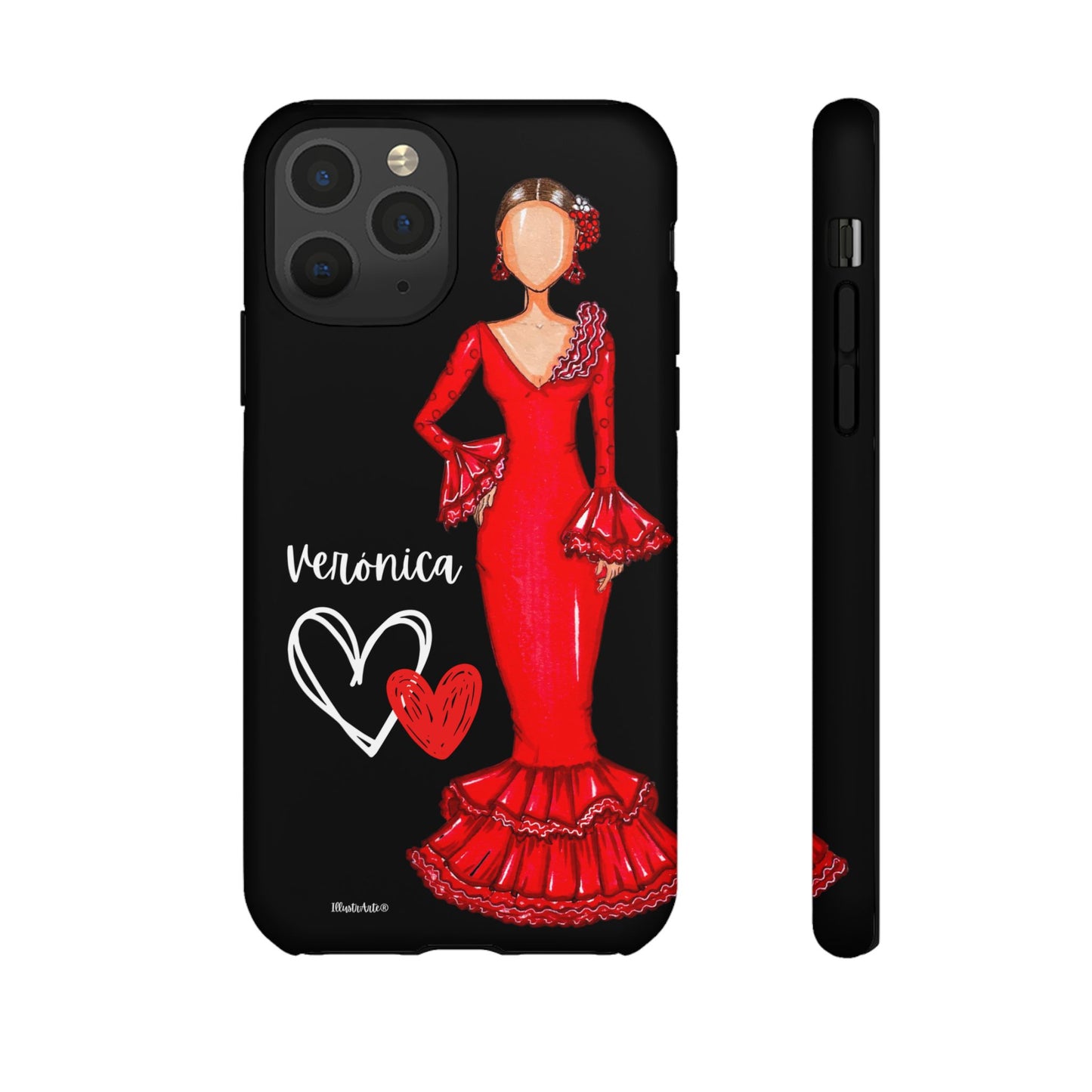 una funda de teléfono con una imagen de una mujer con un vestido rojo