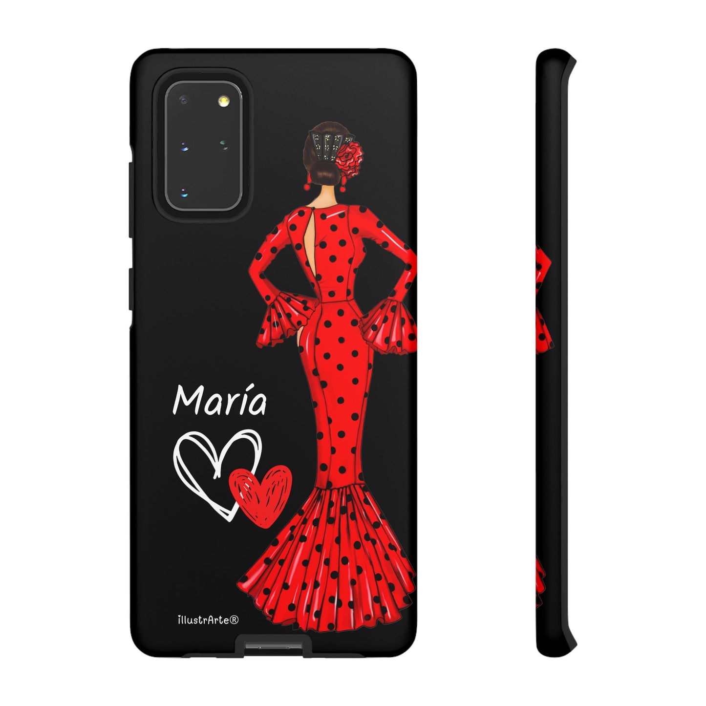 Capa de celular personalizável com nome/bandeira/Virgem - modelo Red Maria com cabelo escuro, fundo preto, para iPhone, Samsung e Google Pixel