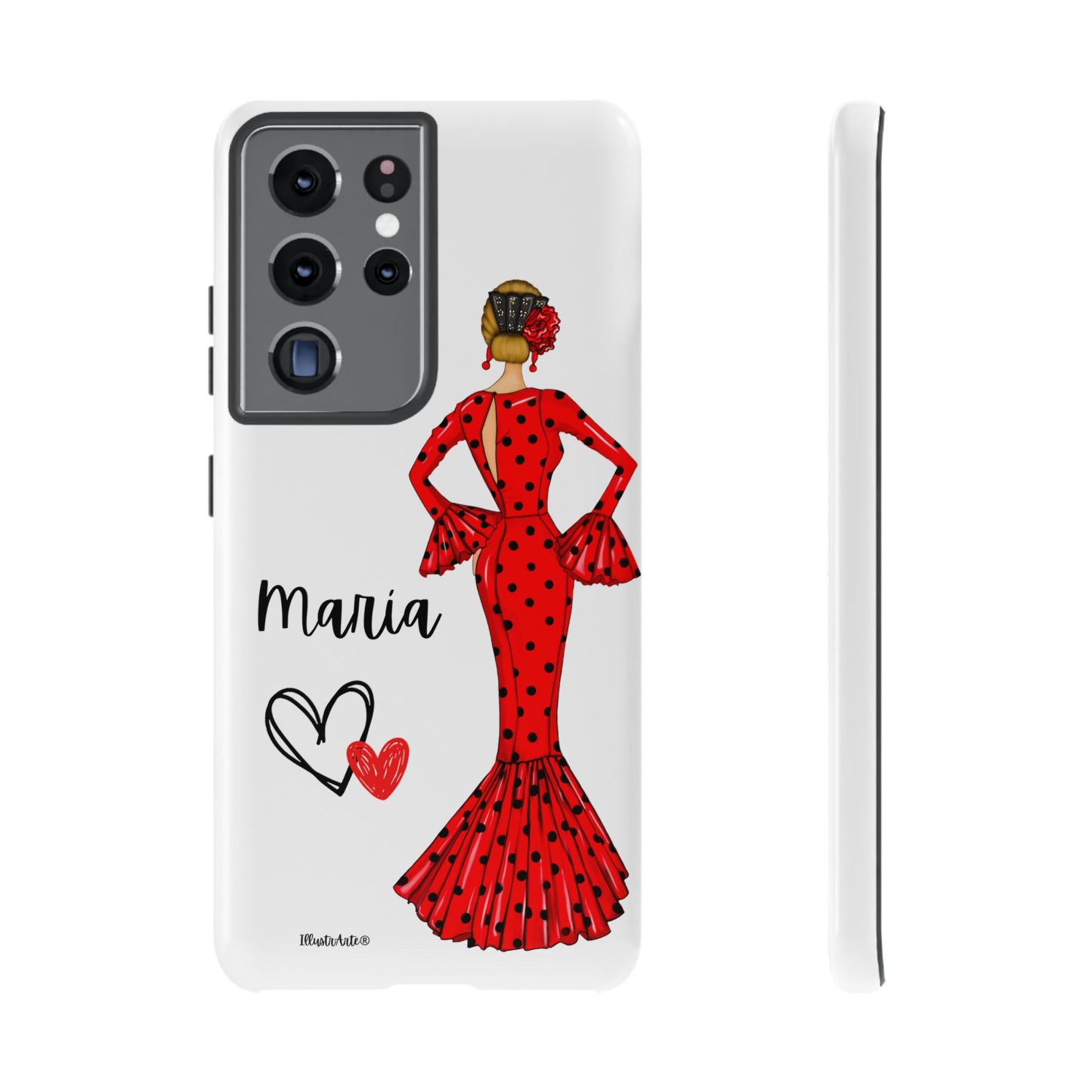 una funda de teléfono con una mujer en un vestido rojo