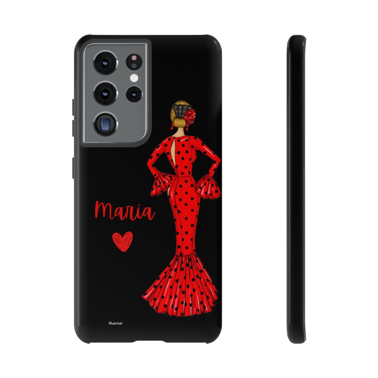 una funda de teléfono con una mujer en un vestido rojo