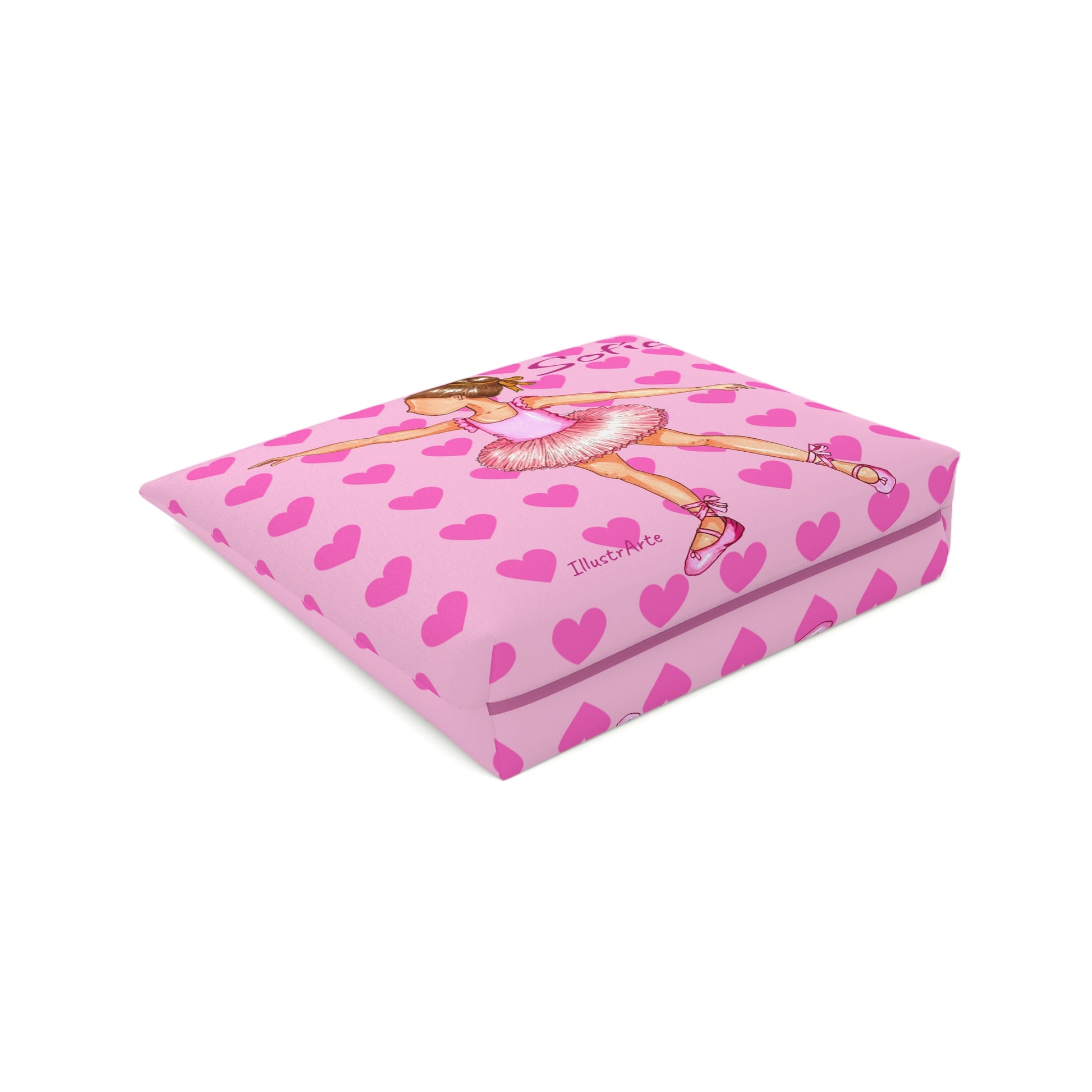 a pink box with hearts and a girl on it