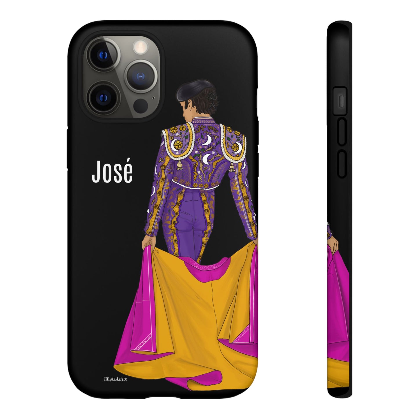 una funda de teléfono con un dibujo de un hombre en un traje morado y amarillo