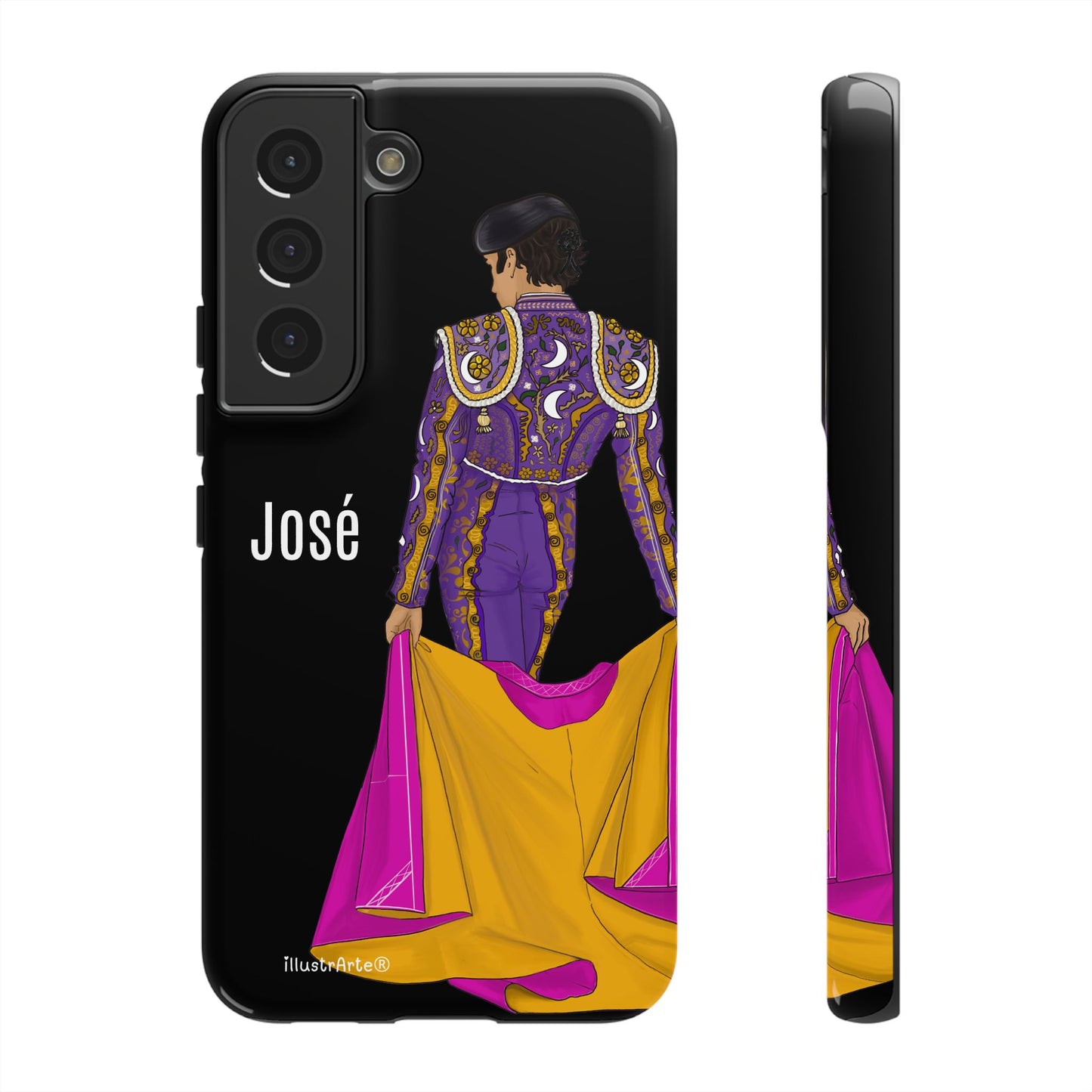Personalized phone case featuring bullfighter José on a green background – for iPhone, Samsung, Pixel