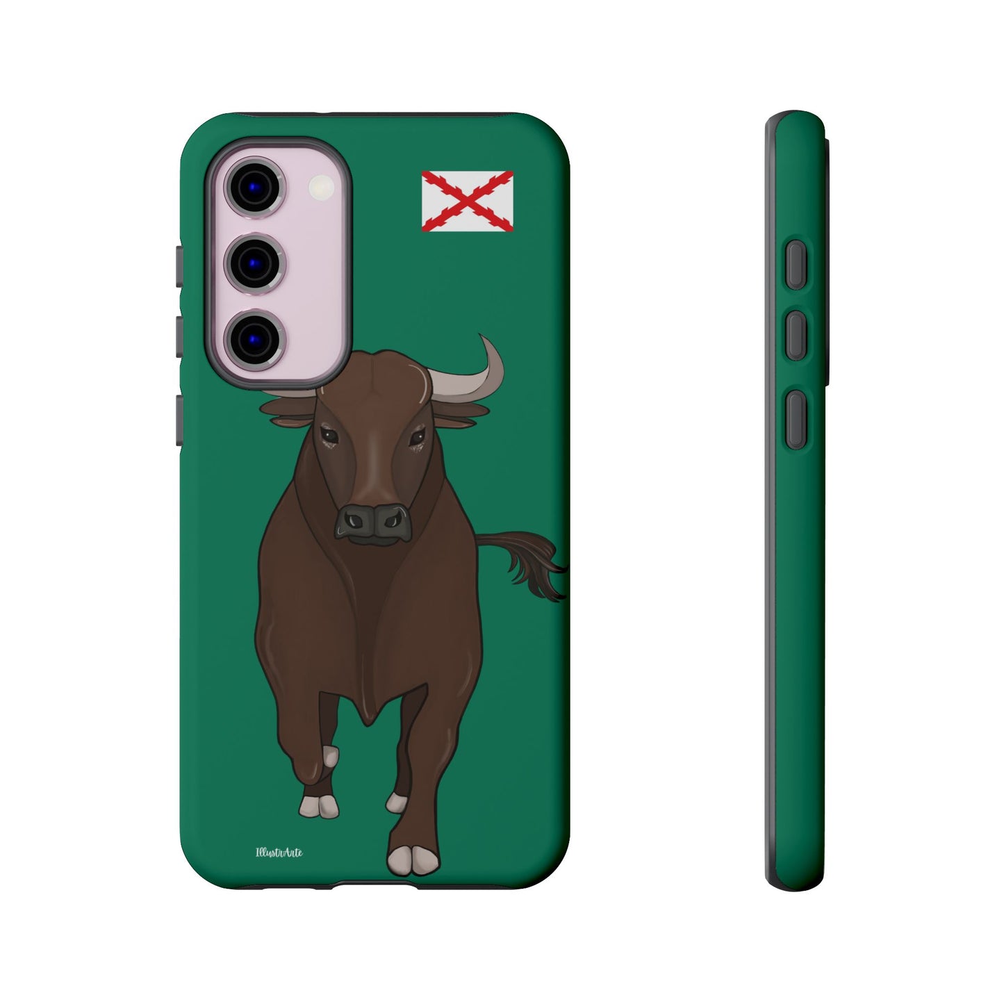 una funda de teléfono con una imagen de un toro en ella