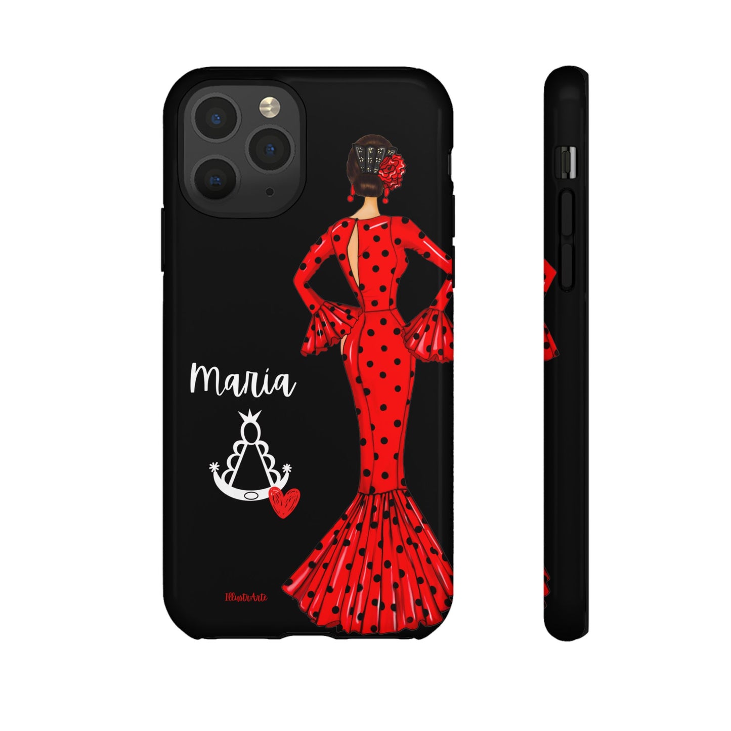 una funda de teléfono con una mujer en un vestido rojo