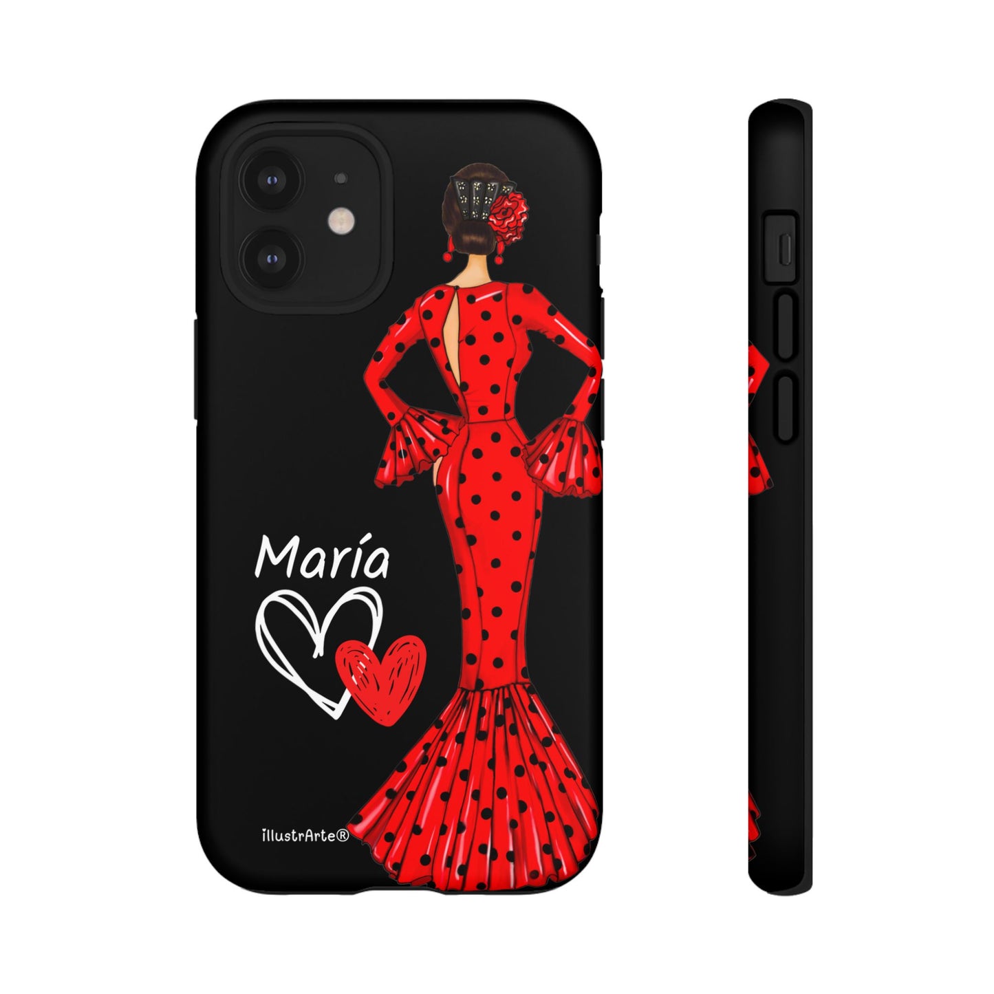 Capa de celular personalizável com nome/bandeira/Virgem - modelo Red Maria com cabelo escuro, fundo preto, para iPhone, Samsung e Google Pixel