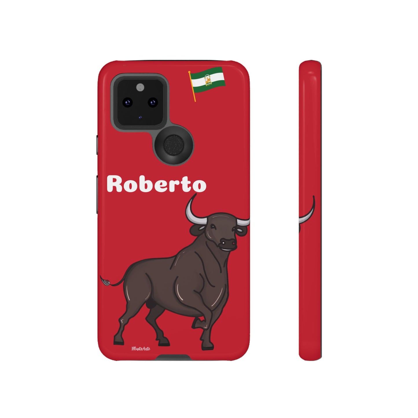 una funda de teléfono roja con un toro en ella