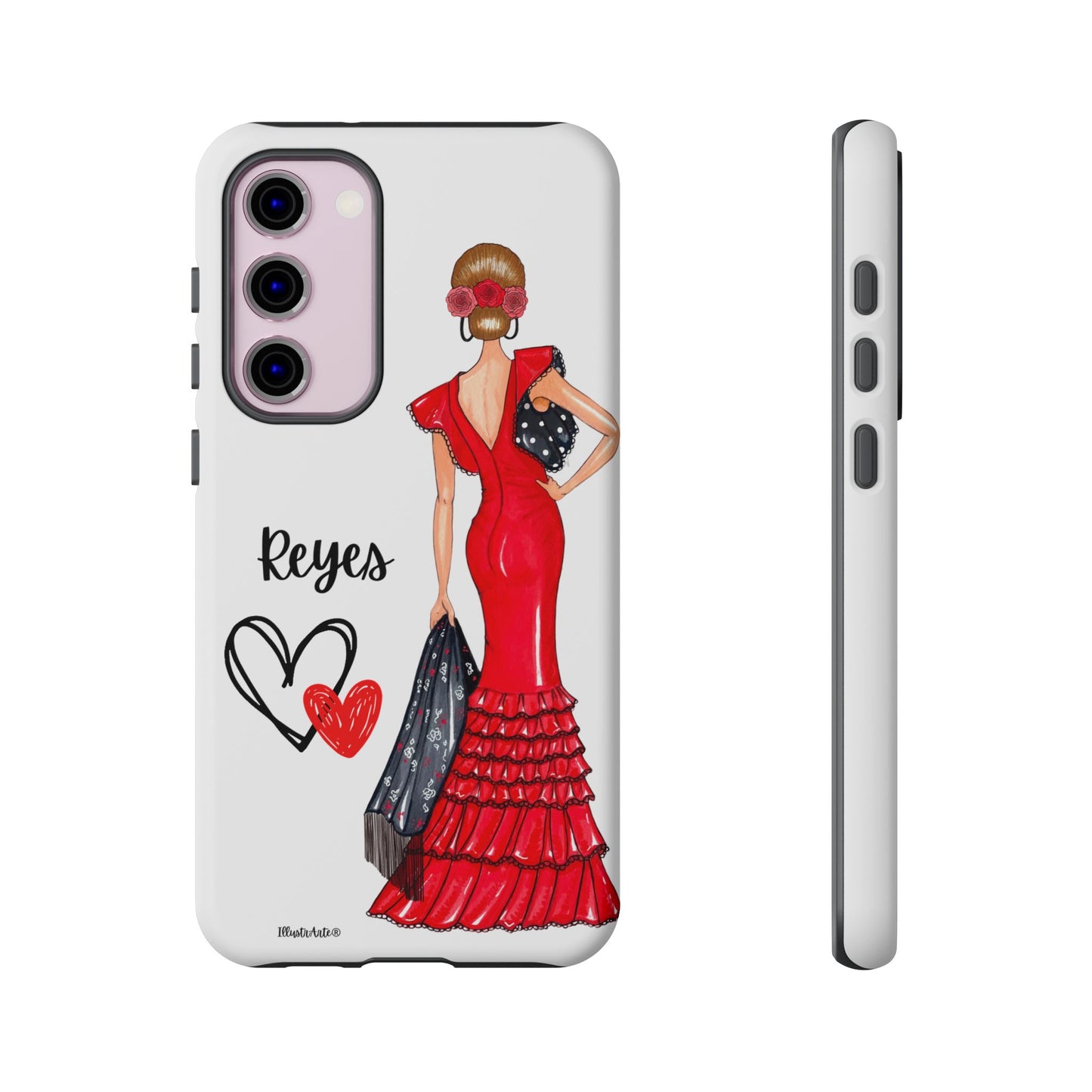 una funda de teléfono con una mujer en un vestido rojo