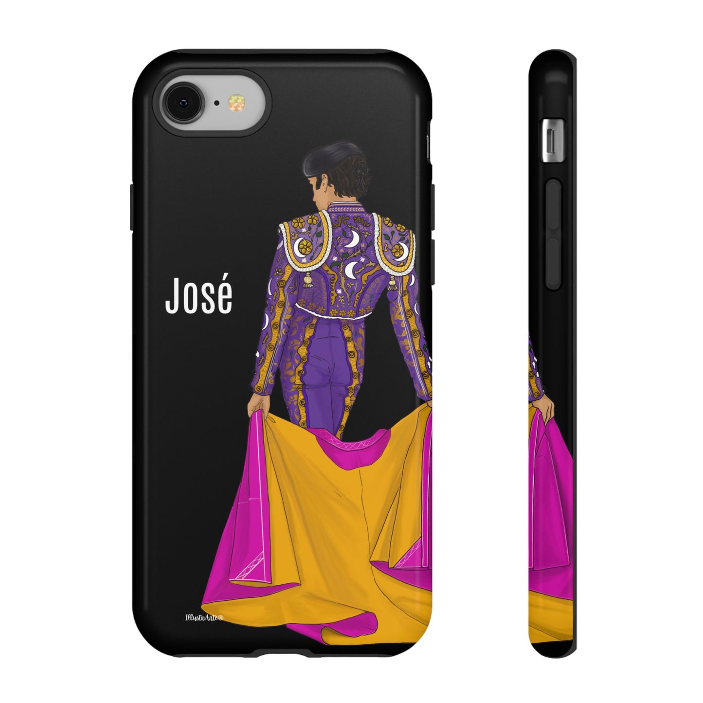 una funda de teléfono con un dibujo de una mujer en un traje morado y amarillo