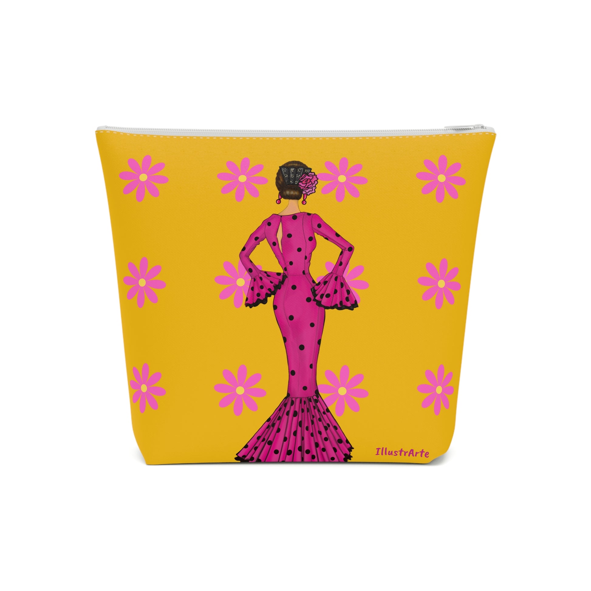 a yellow purse with a woman in a pink dress on it