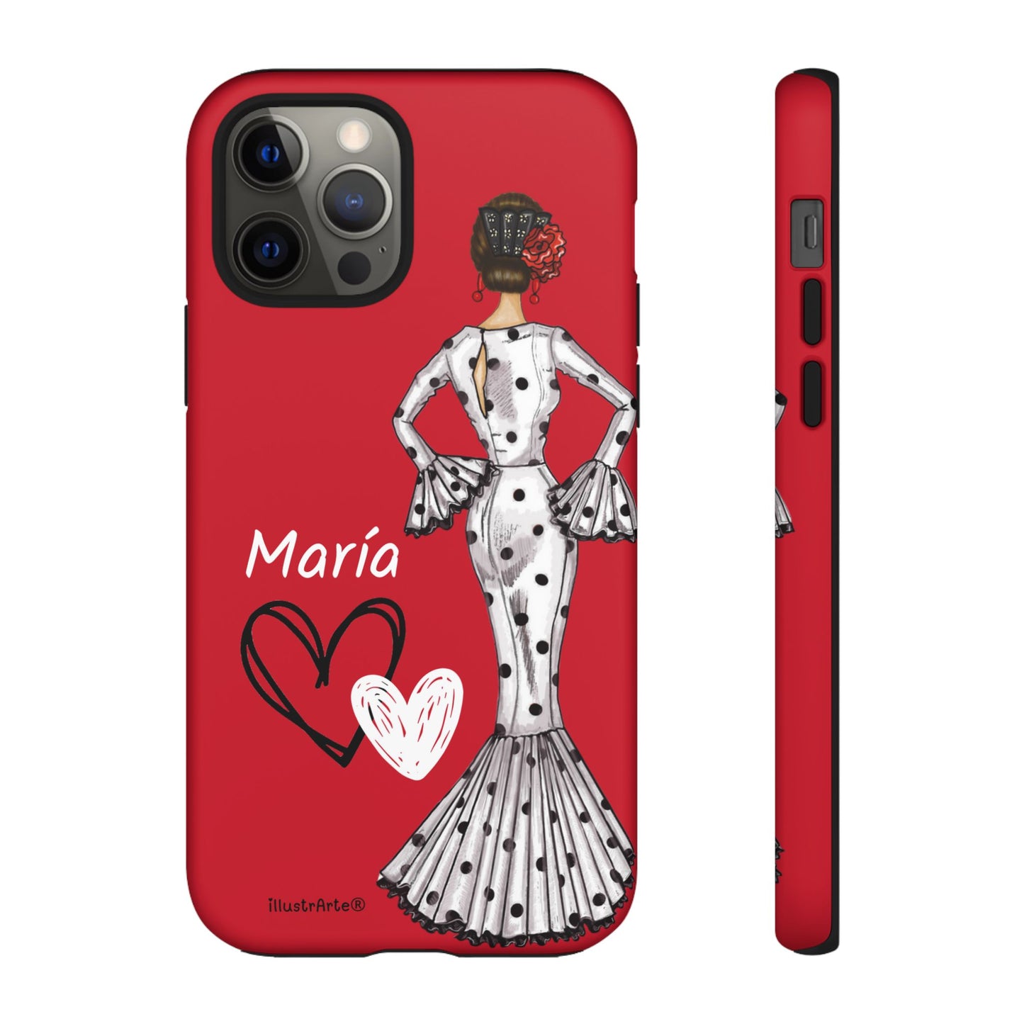 Personalized Maria phone case, white with red hearts background – for iPhone, Samsung, Pixel