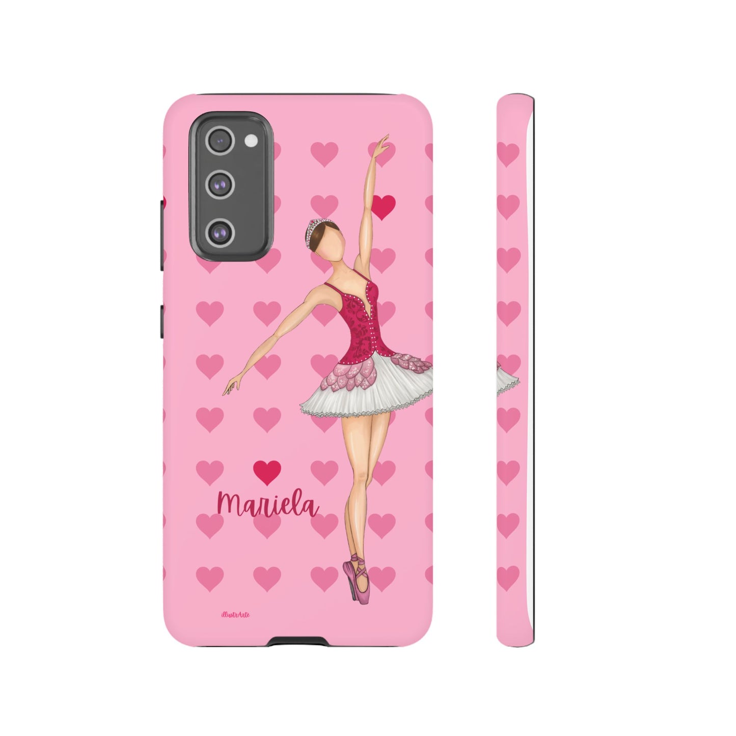 una funda de teléfono rosa con una bailarina en ella