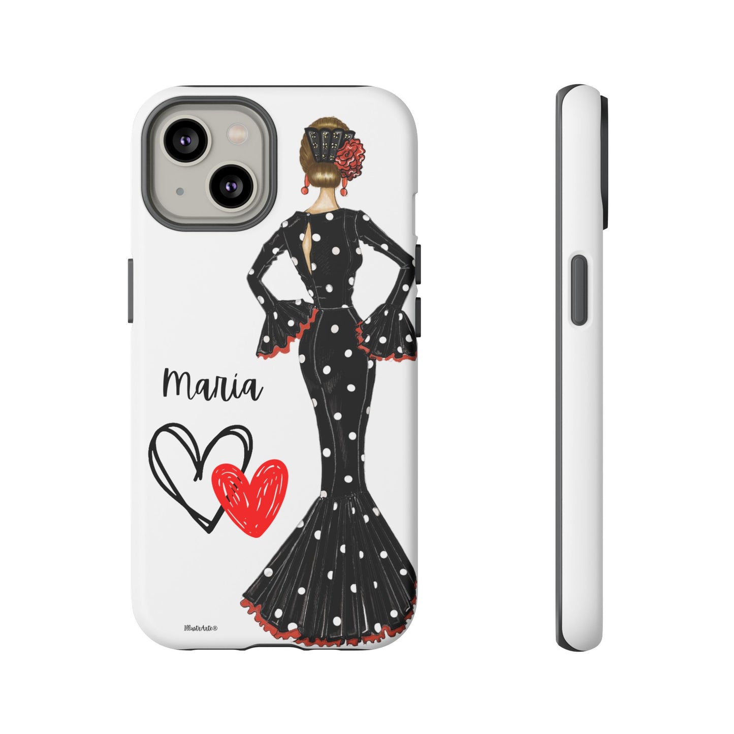 una funda para teléfono con una mujer en un vestido