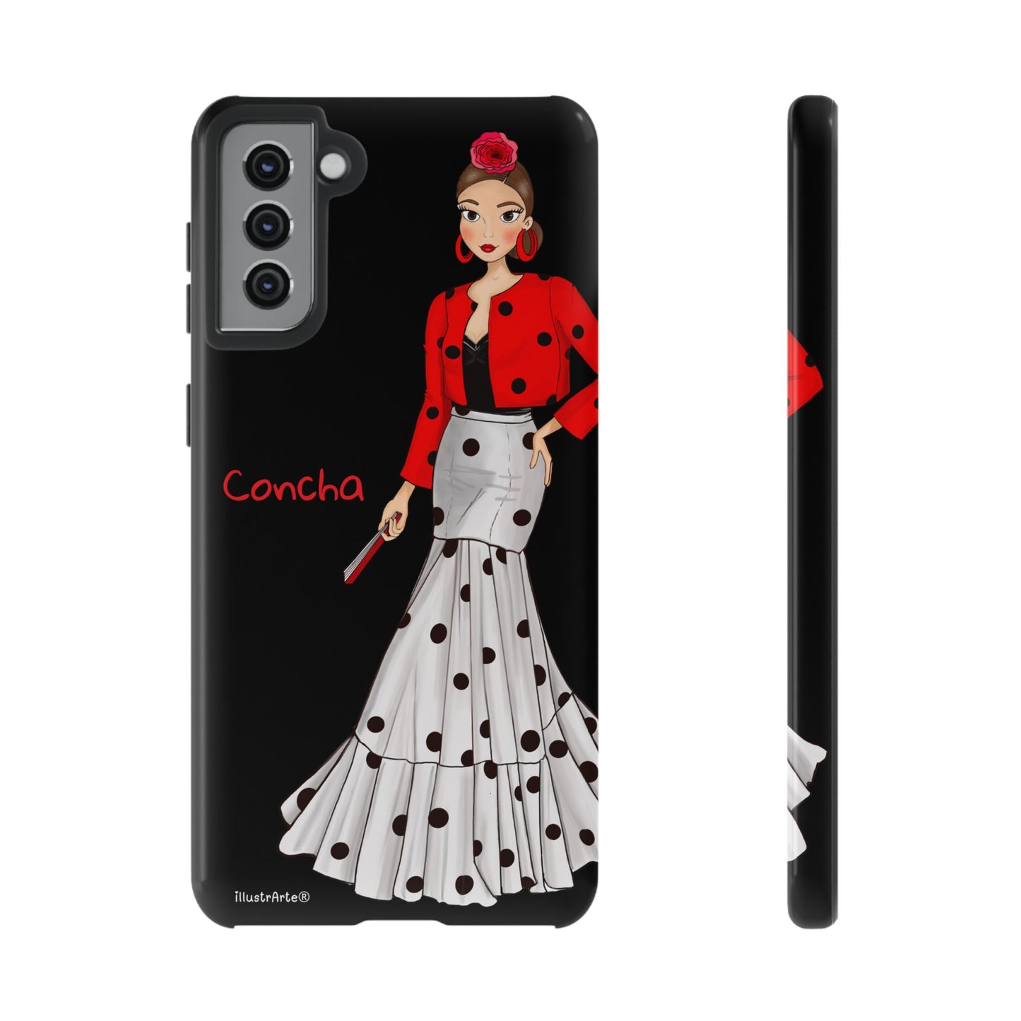 Funda de teléfono personalizable - Modelo Conchita en fondo negro.