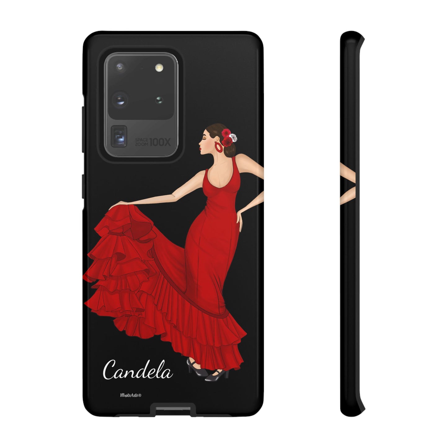 una funda de teléfono con una mujer en un vestido rojo