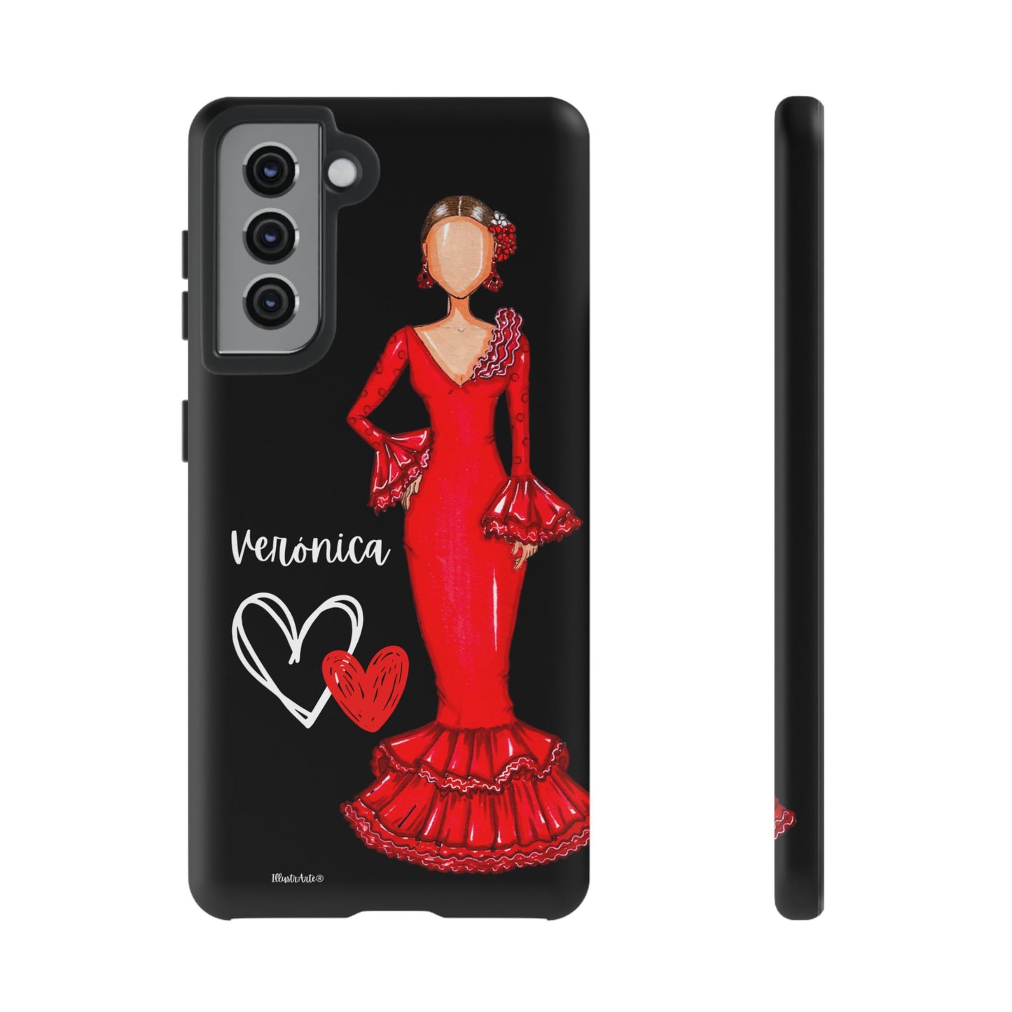 una funda de teléfono con un dibujo de una mujer con un vestido rojo