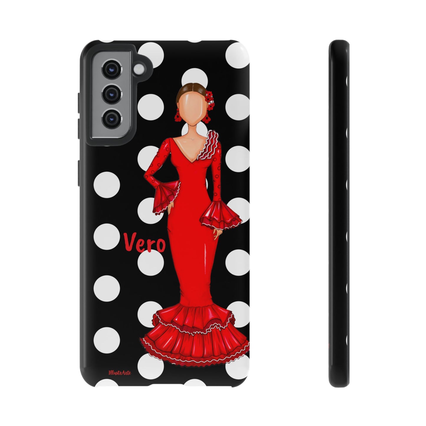 una funda para teléfono con una mujer en un vestido rojo