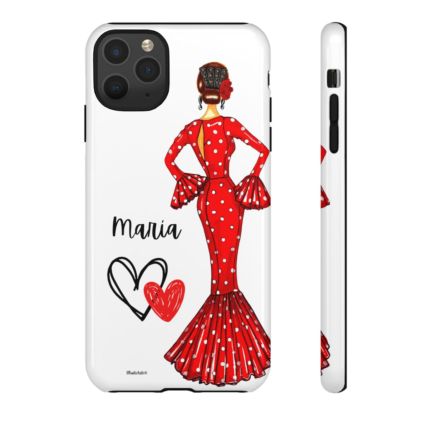 una funda de teléfono con una mujer en un vestido rojo