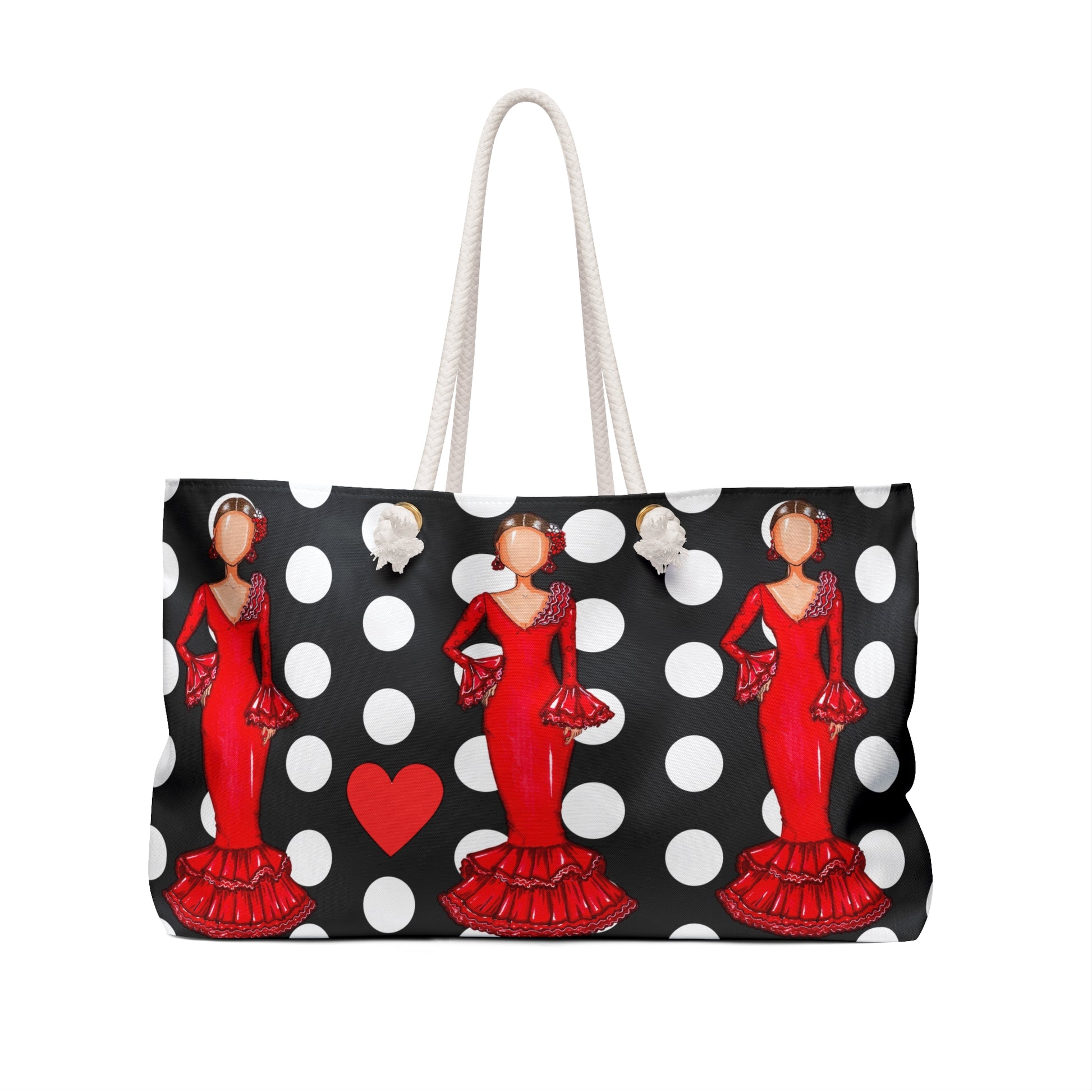 a black and white polka dot bag with a woman in a red dress