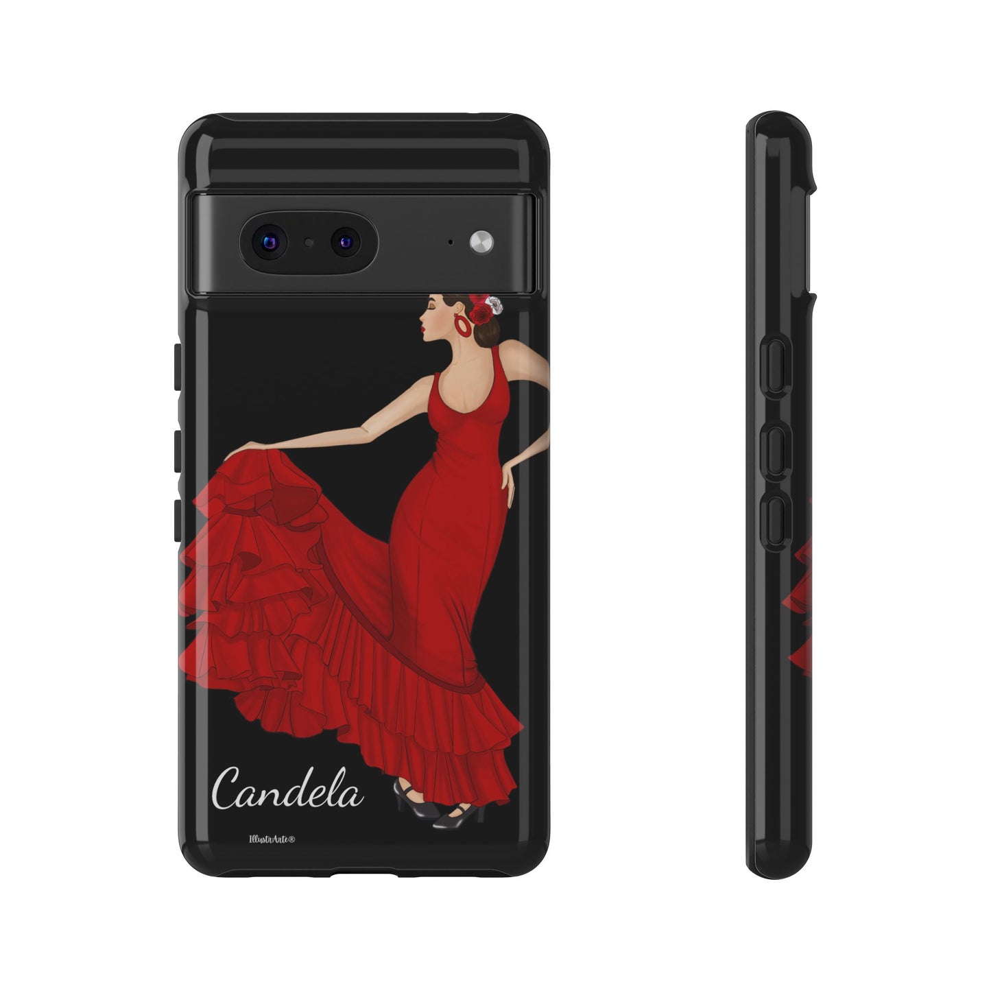 una funda de teléfono con una imagen de una mujer en un vestido rojo