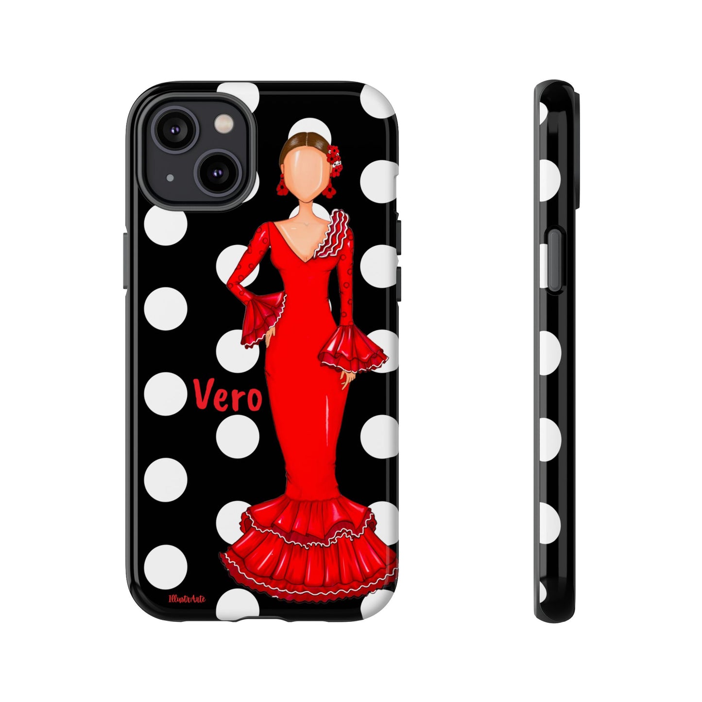 una funda de celular con una mujer en un vestido rojo