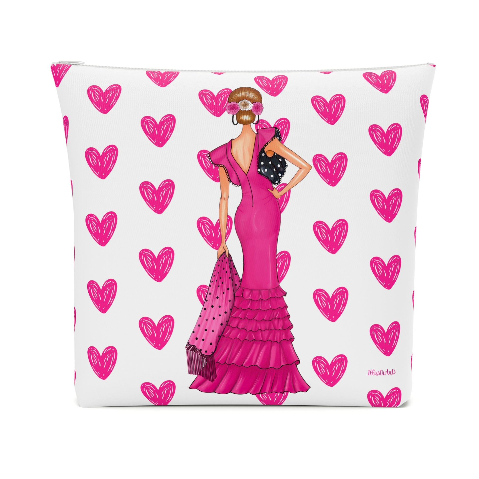 a pillow with a woman in a pink dress on it