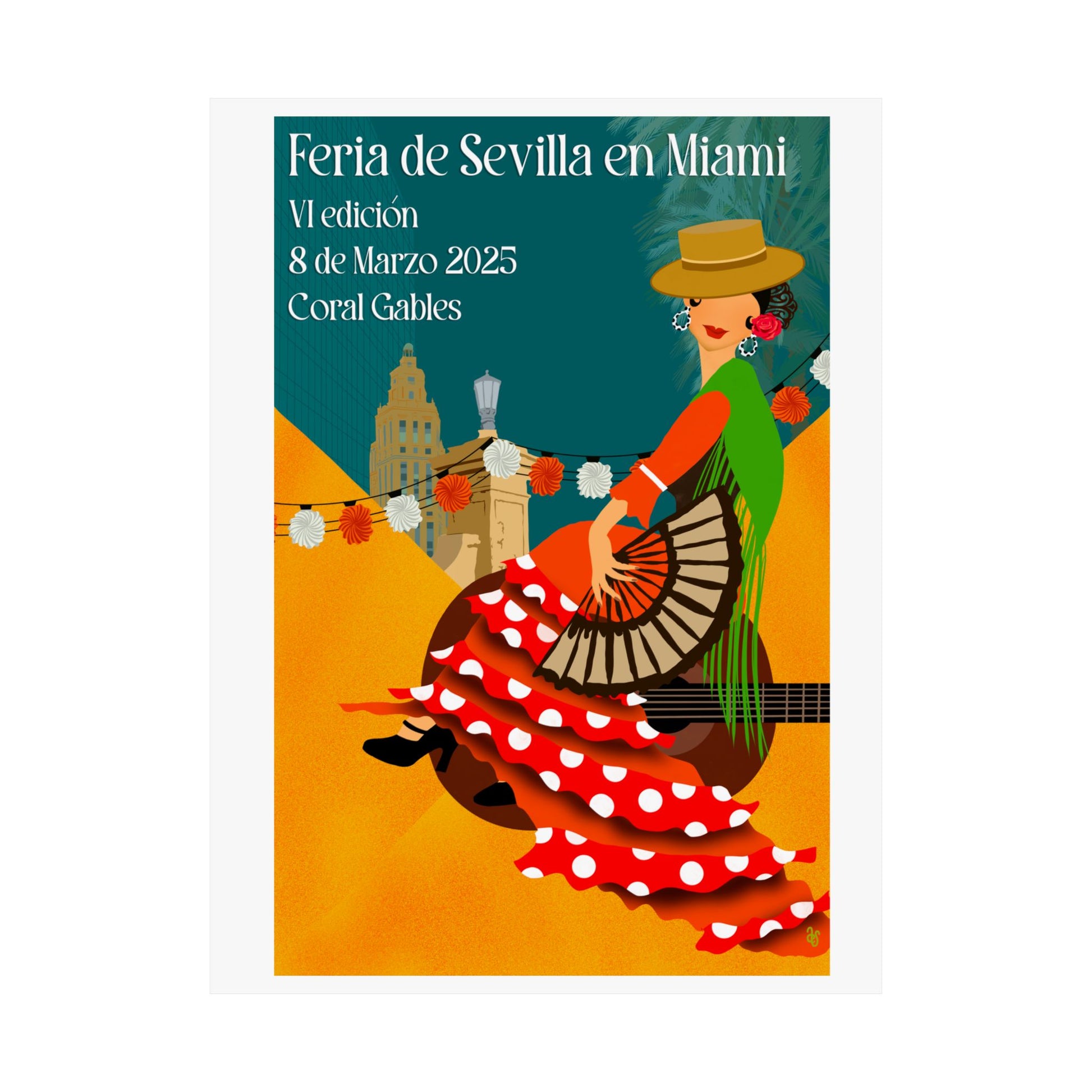Póster de la Feria de Sevilla en Miami, captura de momentos coloridos de arte flamenco para eventos especiales y hogar.