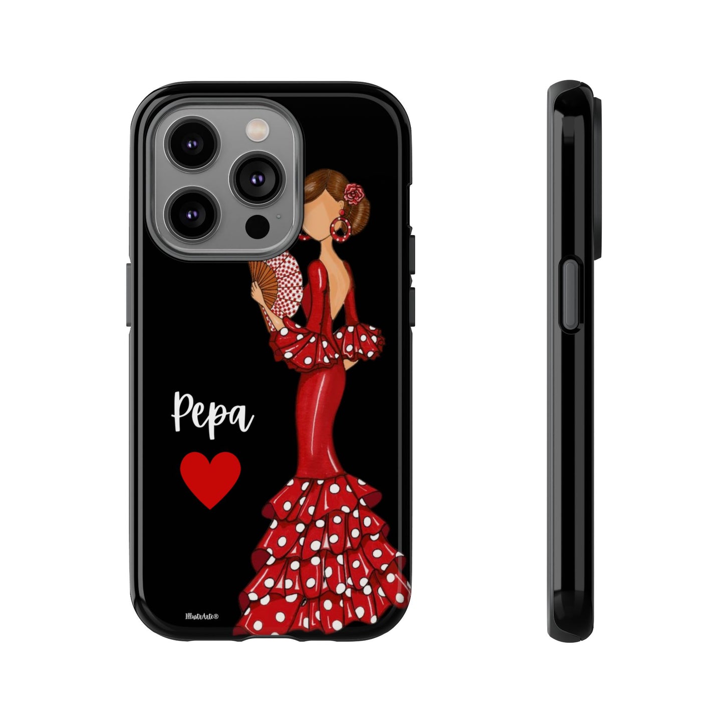 una funda de teléfono con una mujer en un vestido rojo