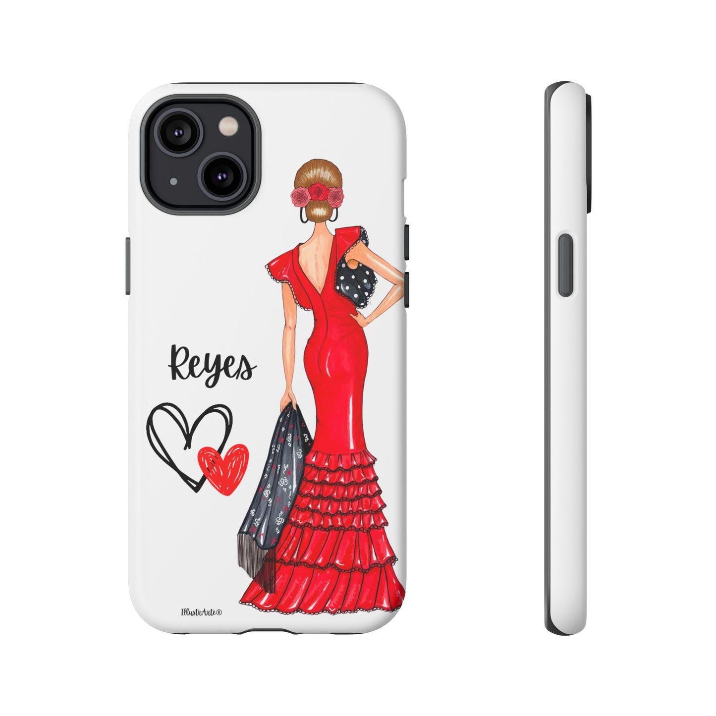 una funda de teléfono con una mujer en un vestido rojo