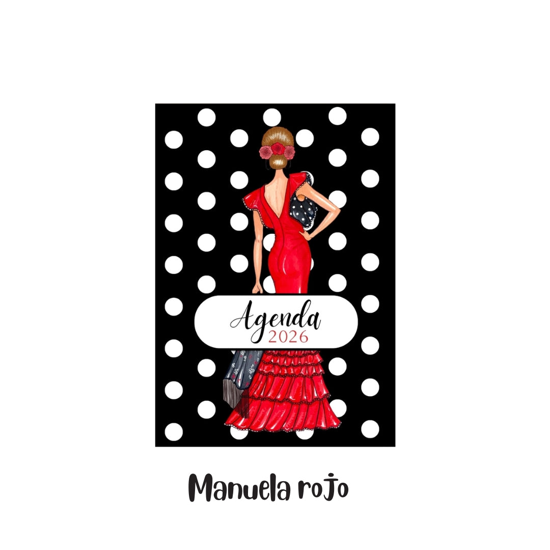 Agenda Flamenca 2026 “Manuela roja” – 2 Días por Página – Ilustraciones Flamencas – Eventos Flamencos del Año – Diseño illustrArte
