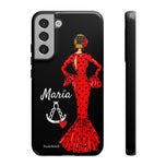 Personalised phone case flamenco dancer María, red dress, with a little Virgin Mary for Samsung Galaxy S22 Plus, gloss finish – illustrArte
