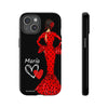 Funda de teléfono personalizable María rojo pelo oscuro fondo negro – para iPhone, Samsung, Pixel