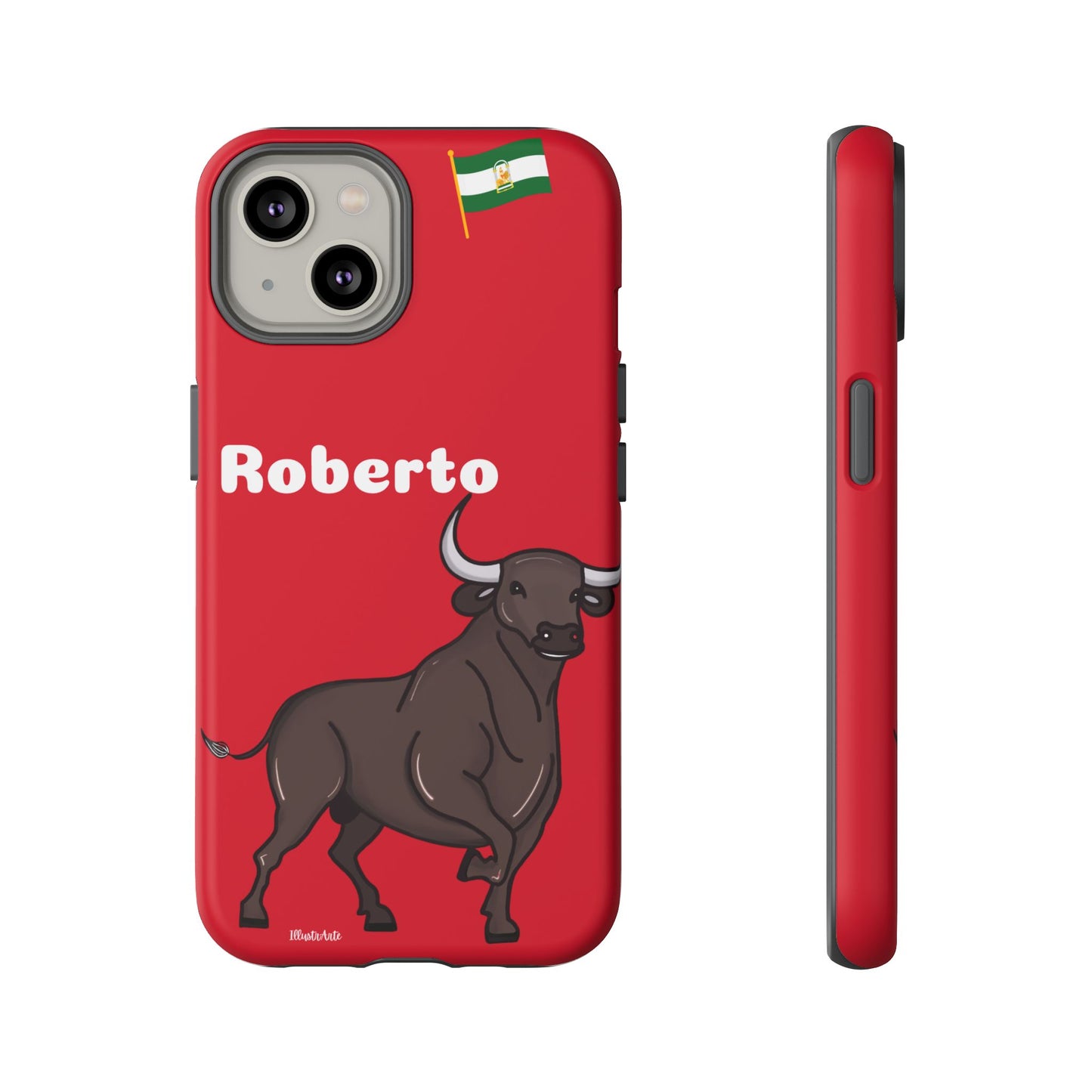 una funda de teléfono roja con un toro en ella