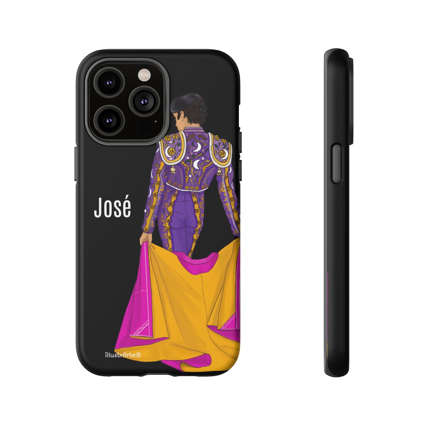 Personalized phone case featuring bullfighter José on a green background – for iPhone, Samsung, Pixel