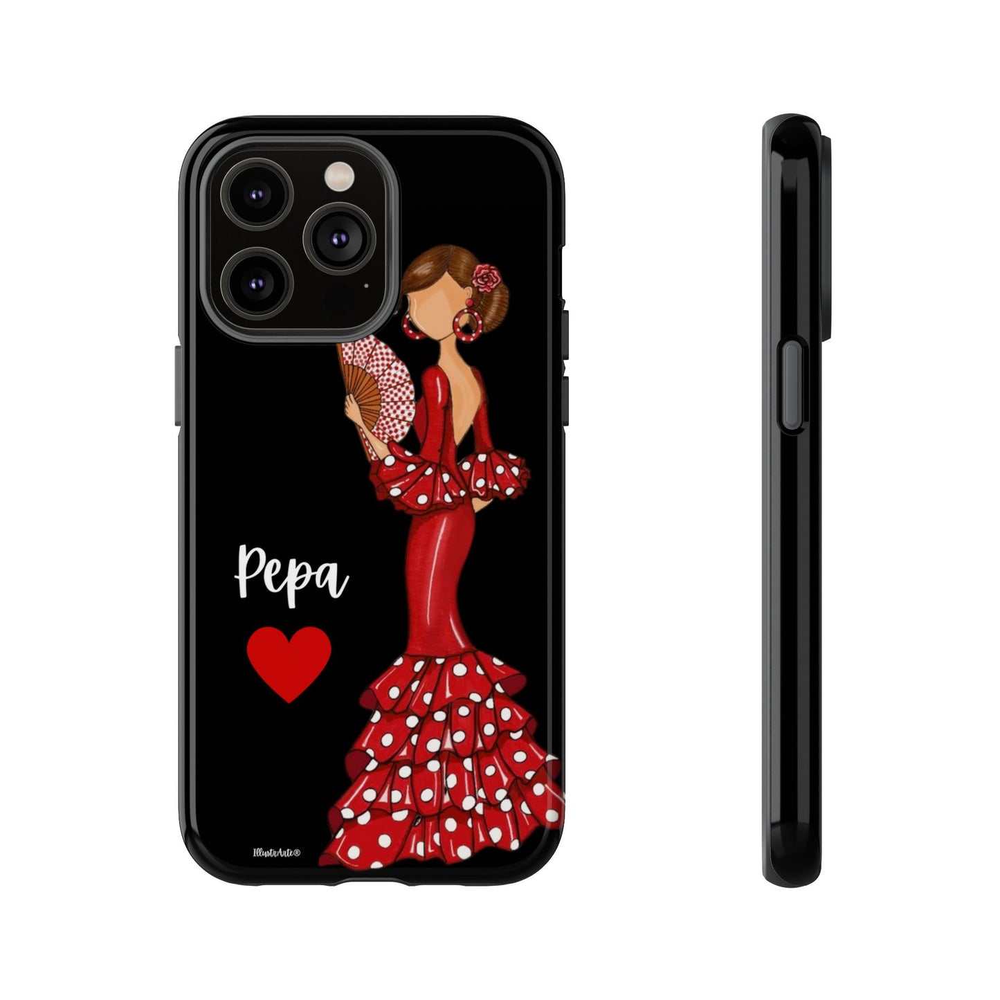 una funda de teléfono con una mujer en un vestido rojo