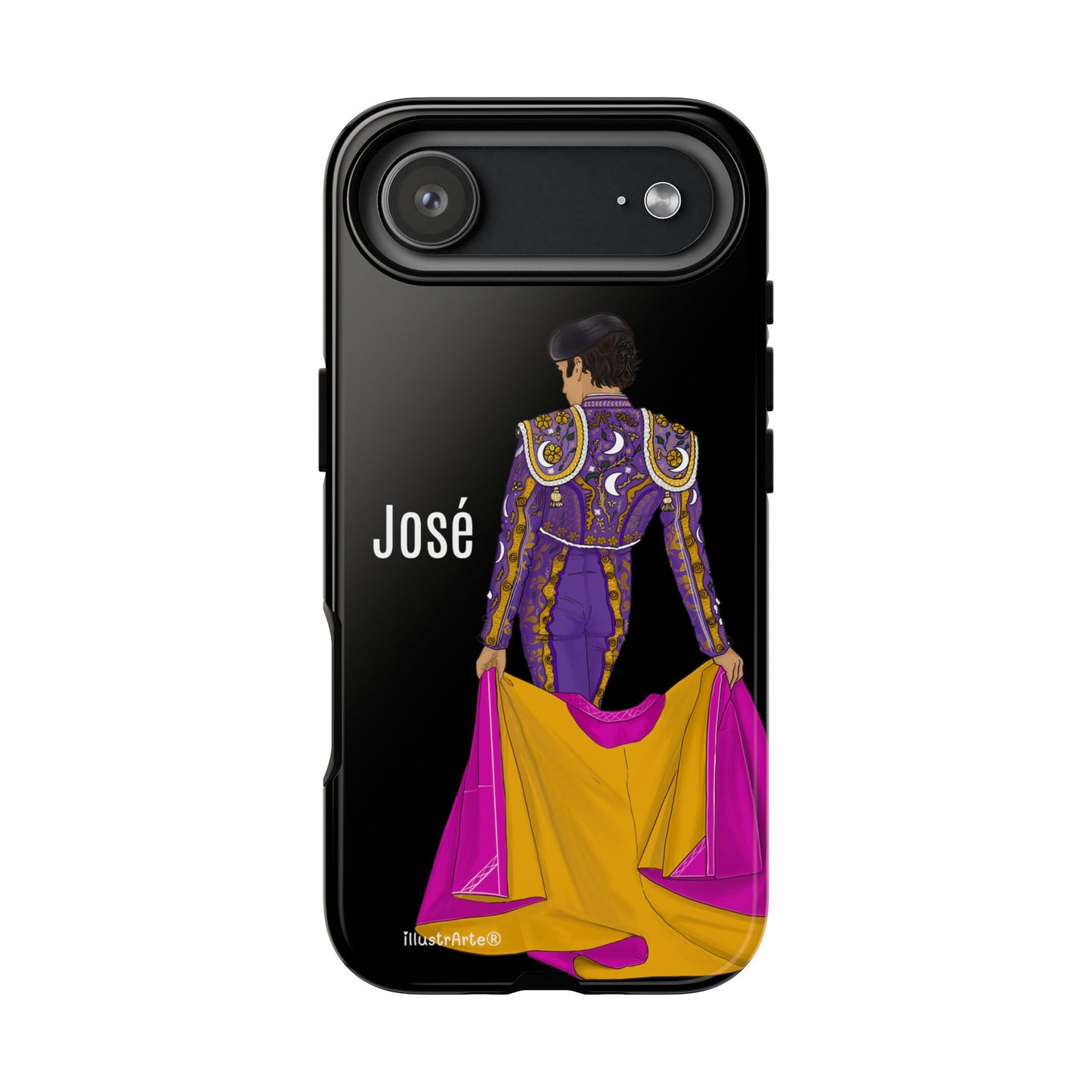 Personalized phone case featuring bullfighter José on a green background – for iPhone, Samsung, Pixel