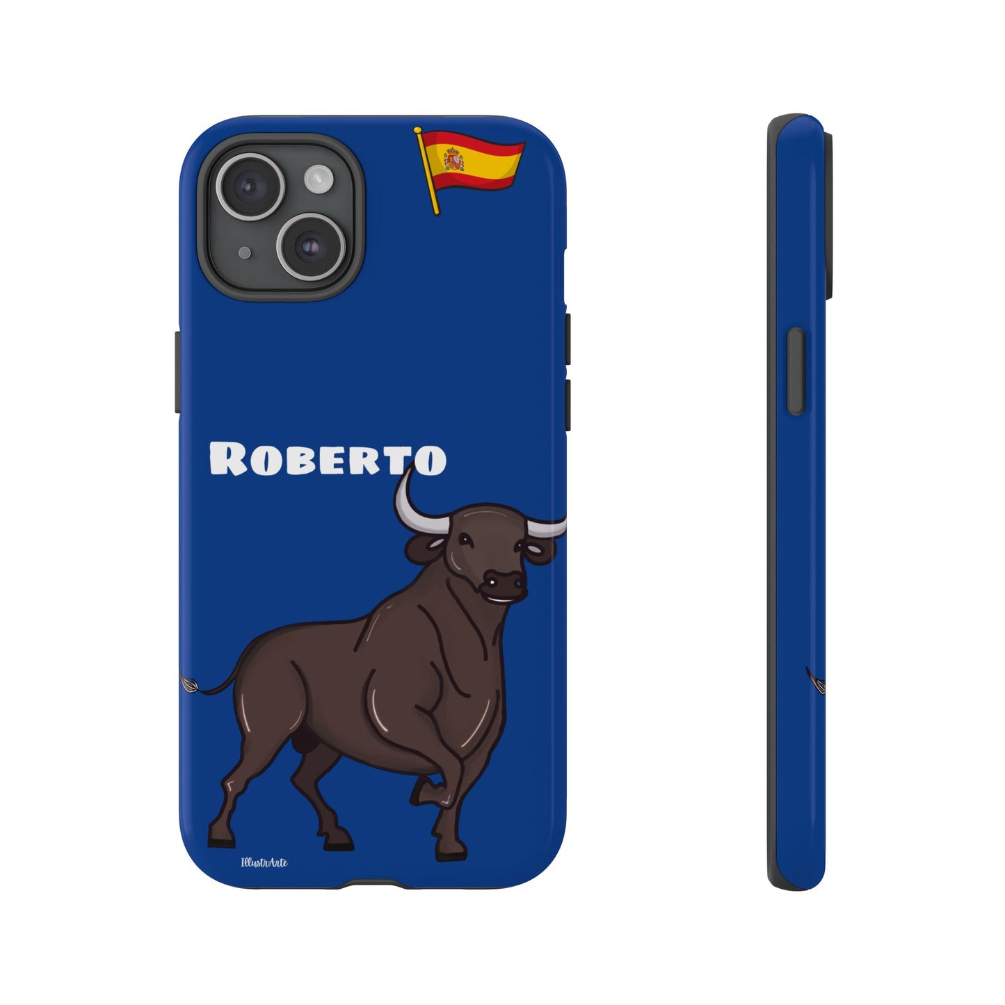 Funda de teléfono personalizable con nombre/bandera/Virgen - Modelo Toro Roberto, mostrando su composición de alta calidad.