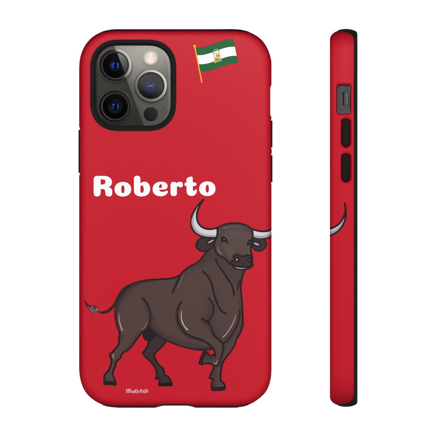 una funda de teléfono roja con un toro en ella