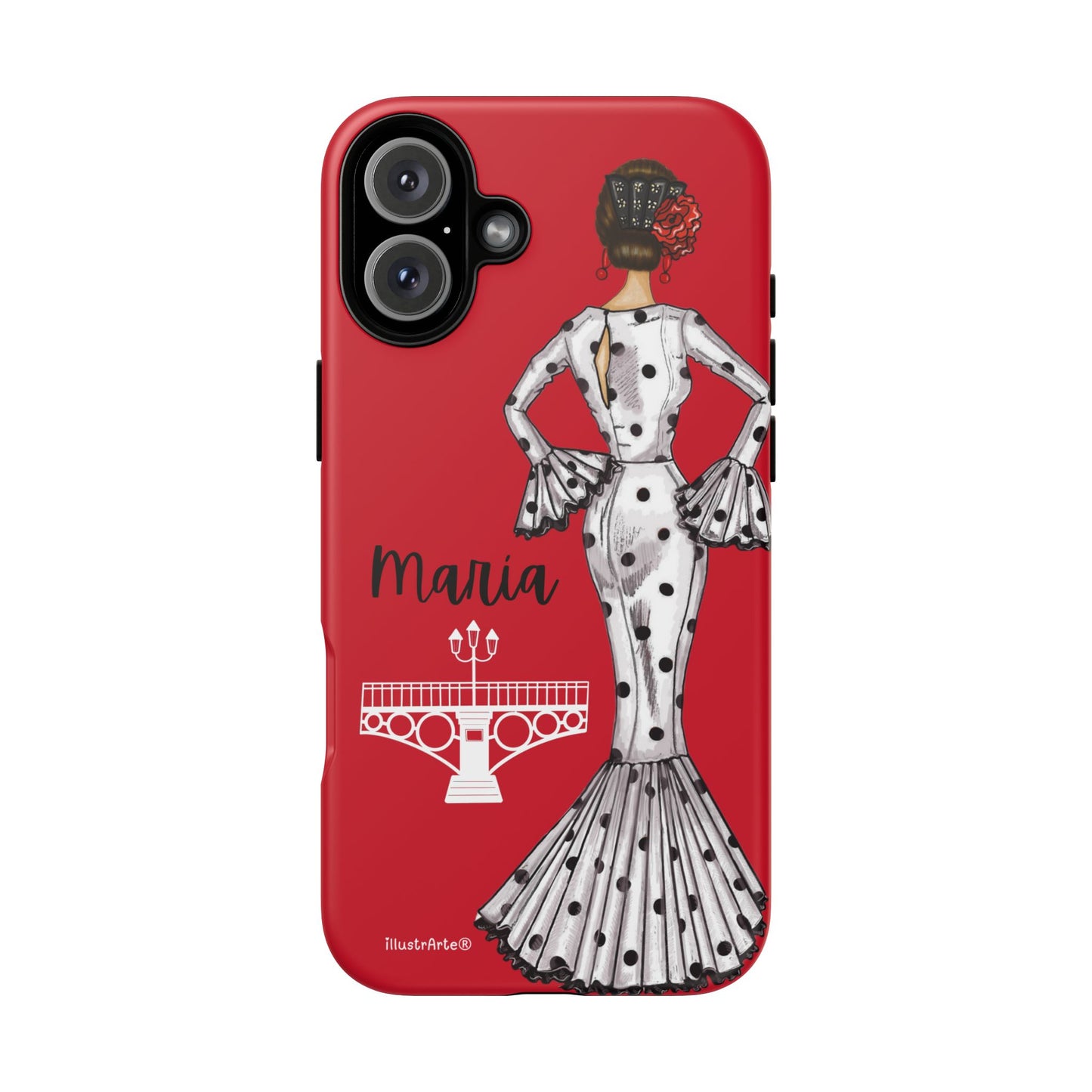 Funda de teléfono personalizable con la flamenca María, perfecta para iPhone y Samsung Galaxy.