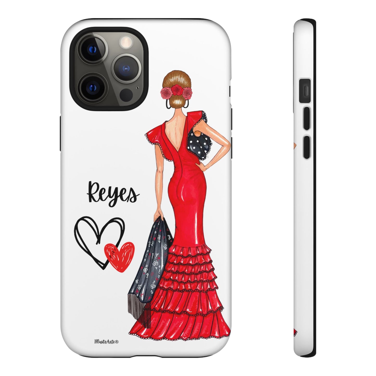 una funda de teléfono con una mujer en un vestido rojo