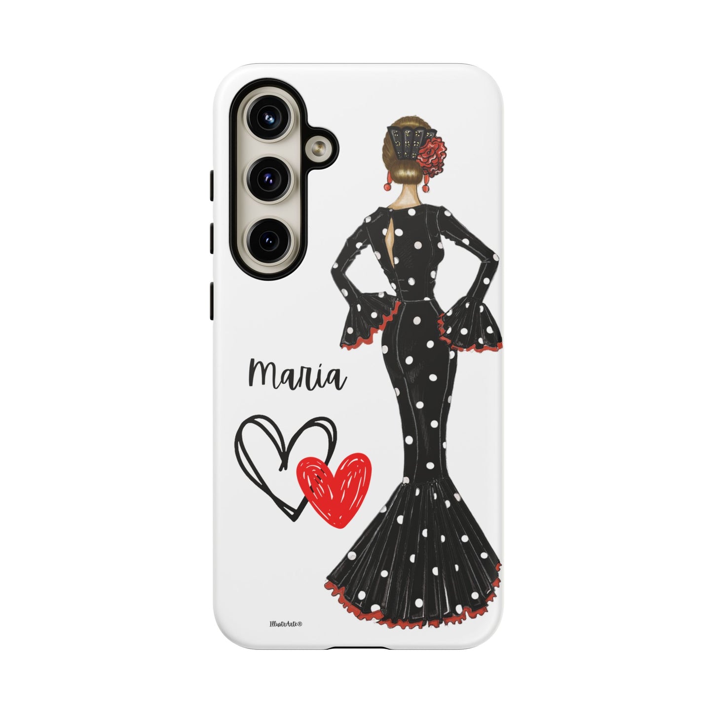 una funda para teléfono con una mujer en un vestido