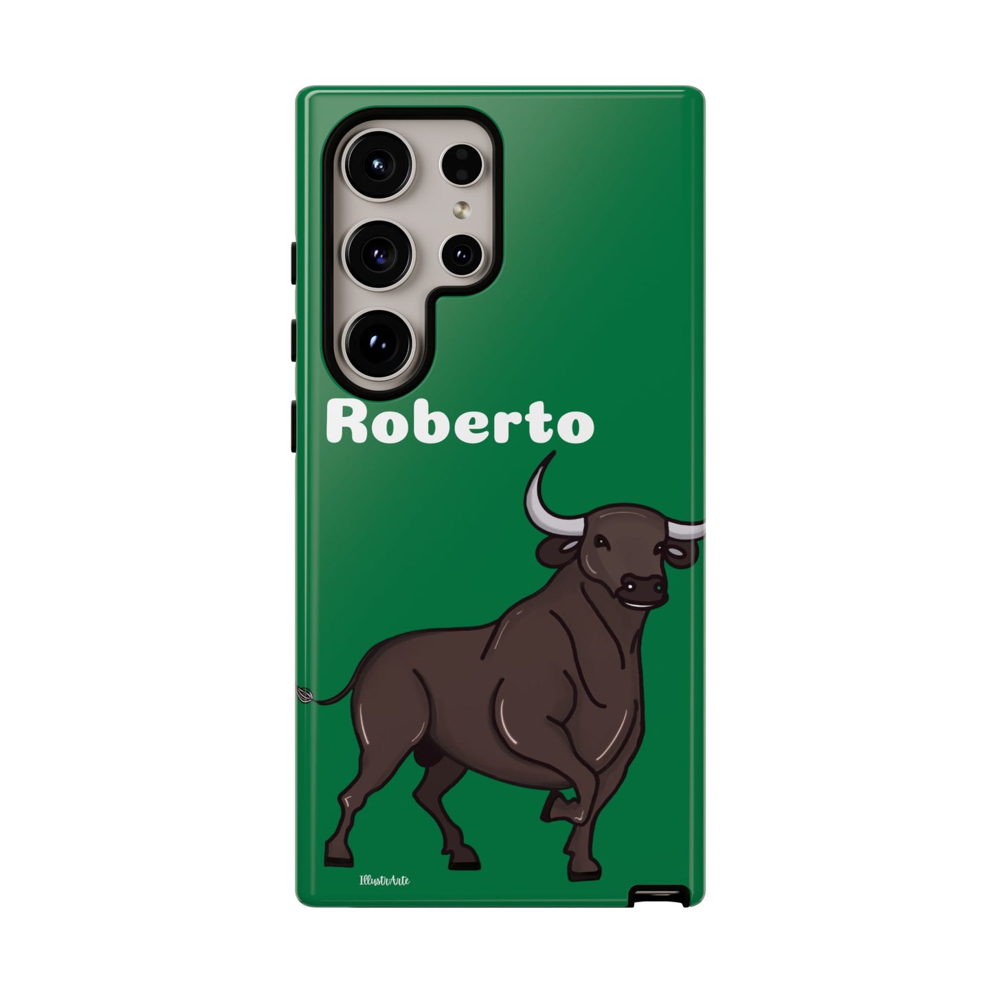 una funda de teléfono verde con un toro en ella