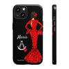 Funda de teléfono personalizable María rojo pelo oscuro fondo negro – para iPhone, Samsung, Pixel
