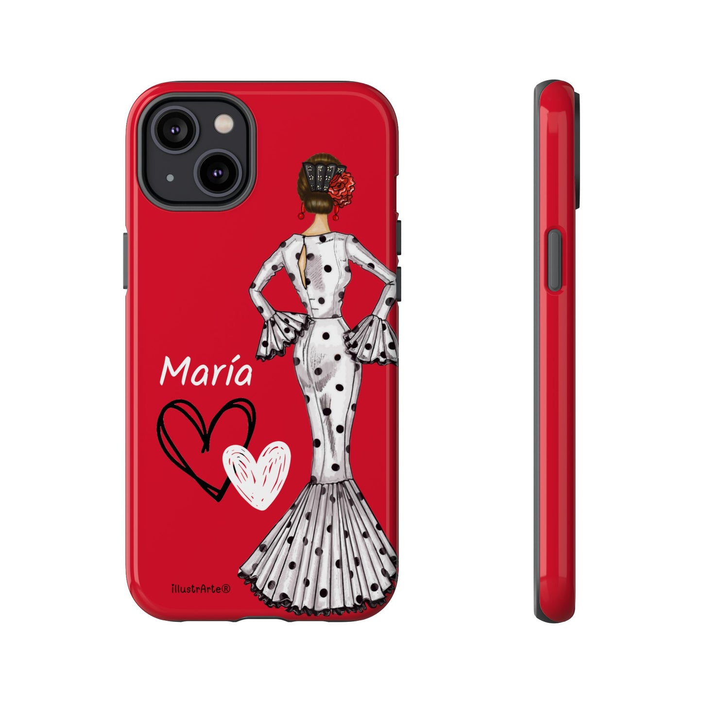 Personalized Maria phone case, white with red hearts background – for iPhone, Samsung, Pixel