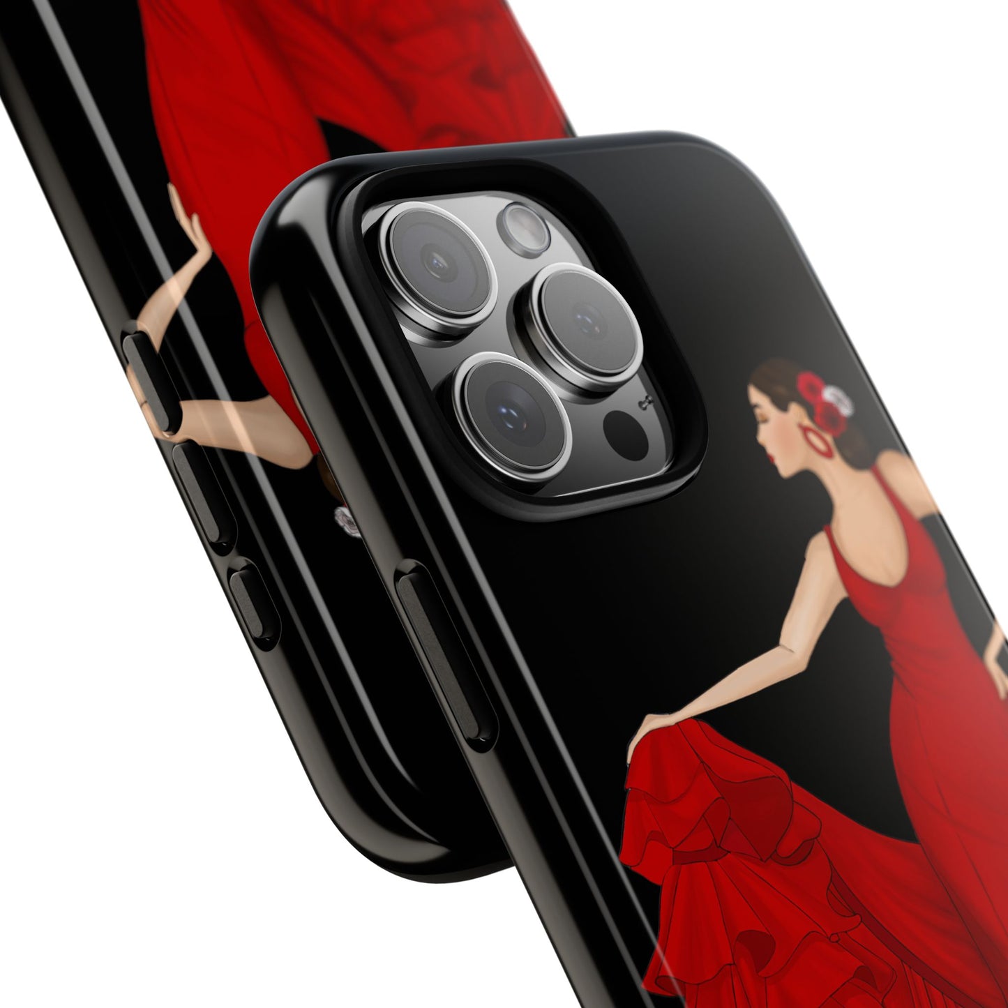 una funda de iPhone con una mujer en un vestido rojo