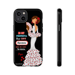 Personalised phone case flamenco dancer Pepa, white dress, with quote for iPhone 14 Plus, gloss finish – illustrArte