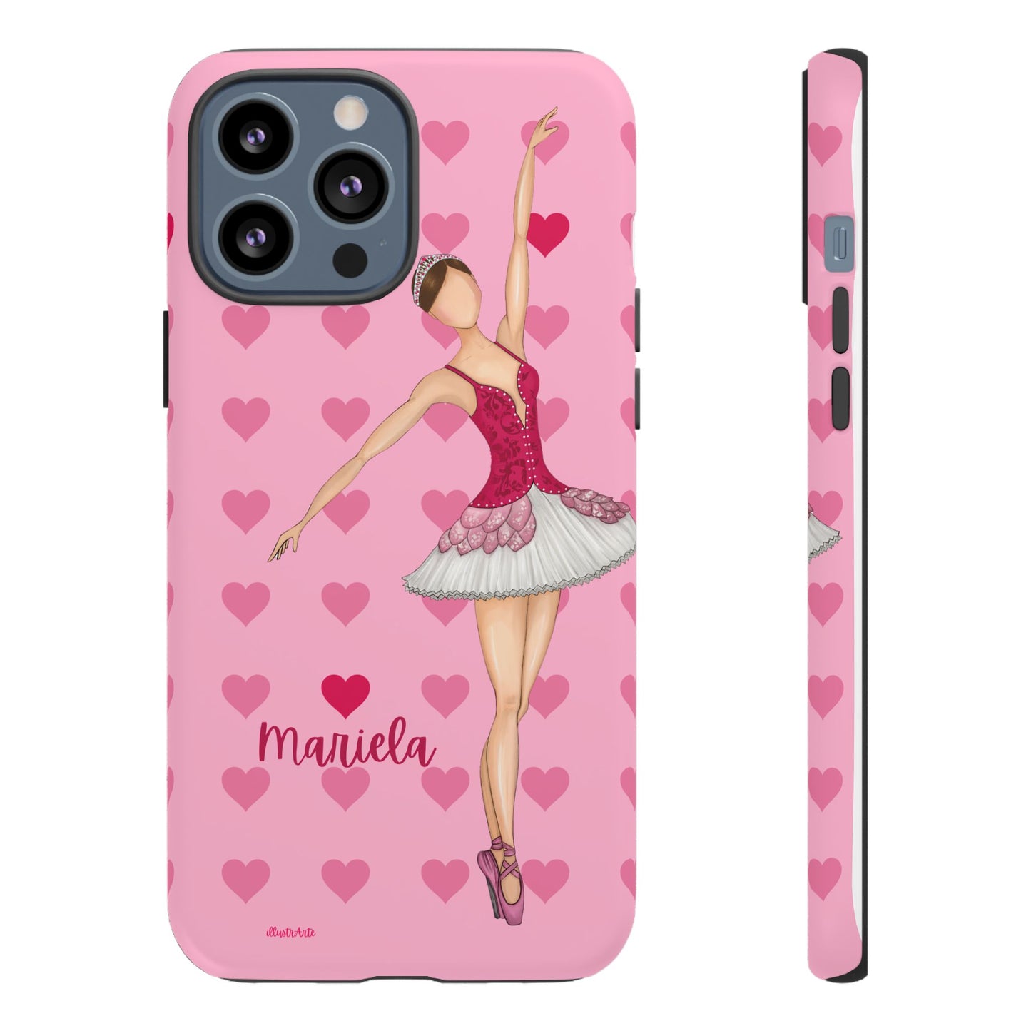 una funda de teléfono rosa con una bailarina en ella